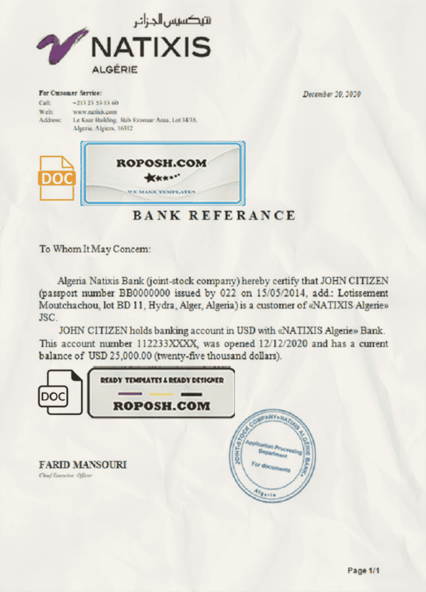 Algeria Natixis Algerie bank reference letter template in Word and PDF format