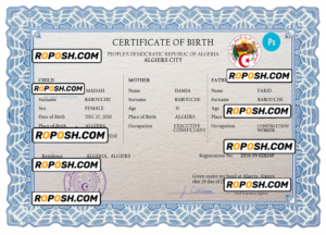 Algeria vital record birth certificate PSD template, fully editable