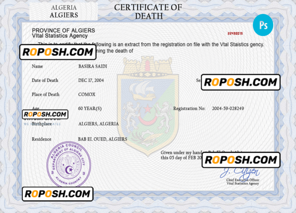 Algeria vital record death certificate PSD template, fully editable