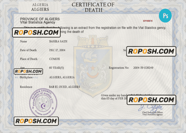 Algeria vital record death certificate PSD template, fully editable