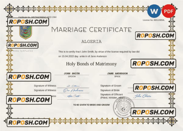 Algeria marriage certificate Word and PDF template, completely editable