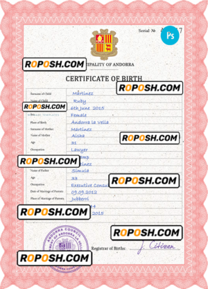 Andorra vital record birth certificate PSD template