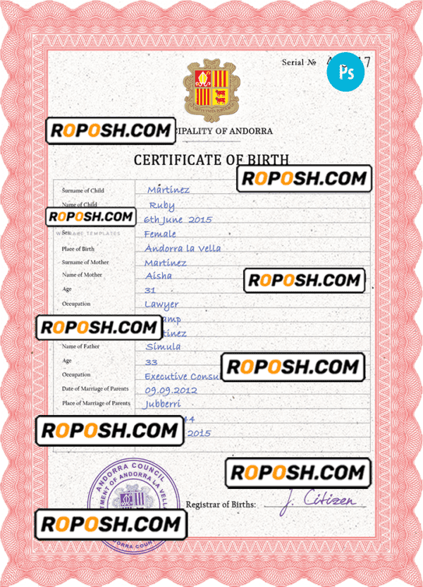 Andorra vital record birth certificate PSD template