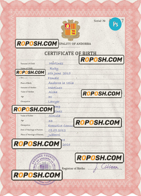 Andorra vital record birth certificate PSD template