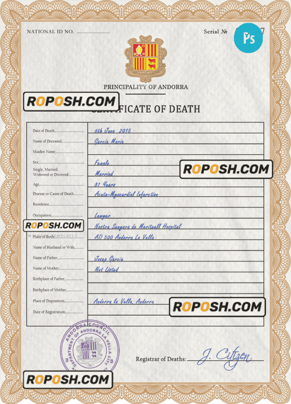 Andorra death certificate PSD template, completely editable