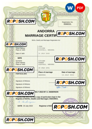 Andorra marriage certificate Word and PDF template, fully editable