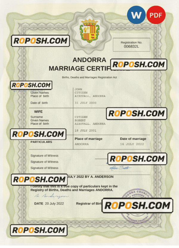 Andorra marriage certificate Word and PDF template, fully editable