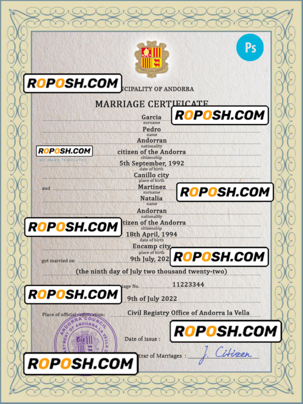Andorra marriage certificate PSD template, completely editable