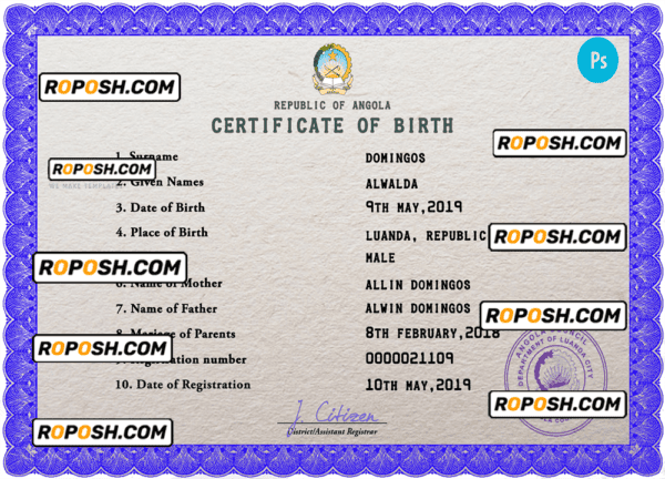 Angola vital record birth certificate PSD template, completely editable