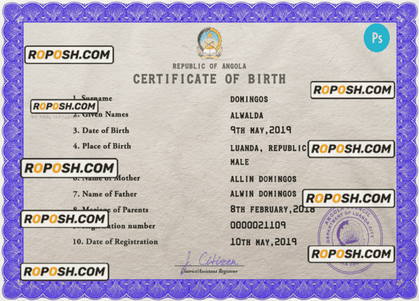 Angola vital record birth certificate PSD template, completely editable