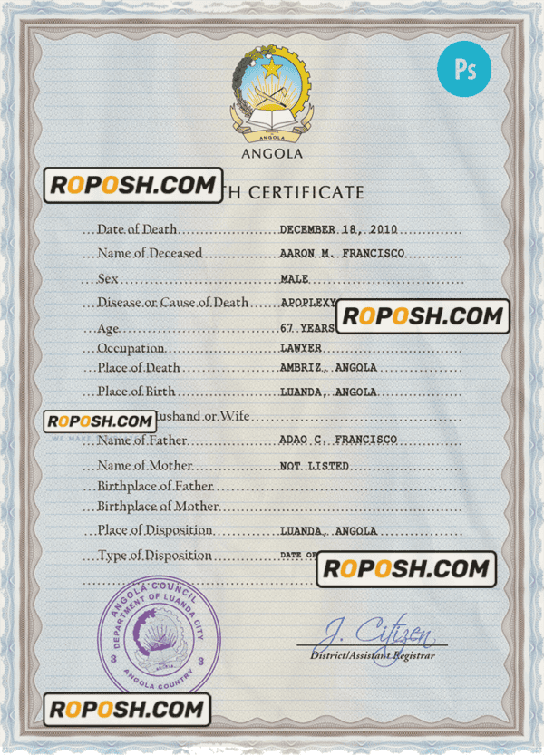 Angola vital record death certificate PSD template, completely editable
