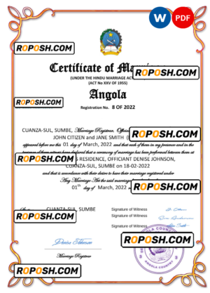 Angola marriage certificate Word and PDF template, completely editable
