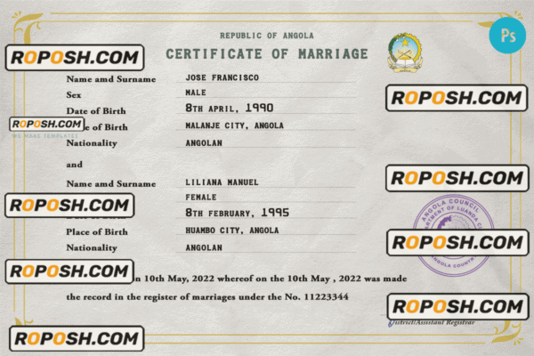 Angola marriage certificate PSD template, fully editable