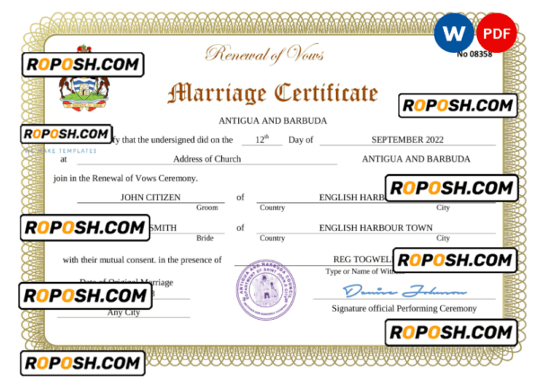 Antigua and Barbuda marriage certificate Word and PDF template, fully editable