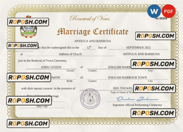 Antigua and Barbuda marriage certificate Word and PDF template, fully editable