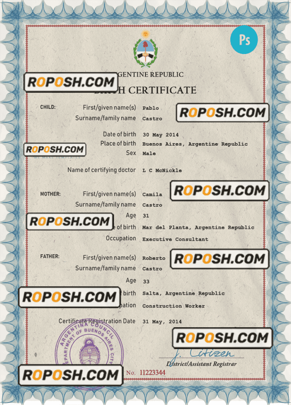 Argentina vital record birth certificate PSD template, fully editable