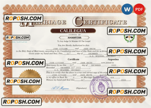 Argentina marriage certificate Word and PDF template, fully editable scan effect
