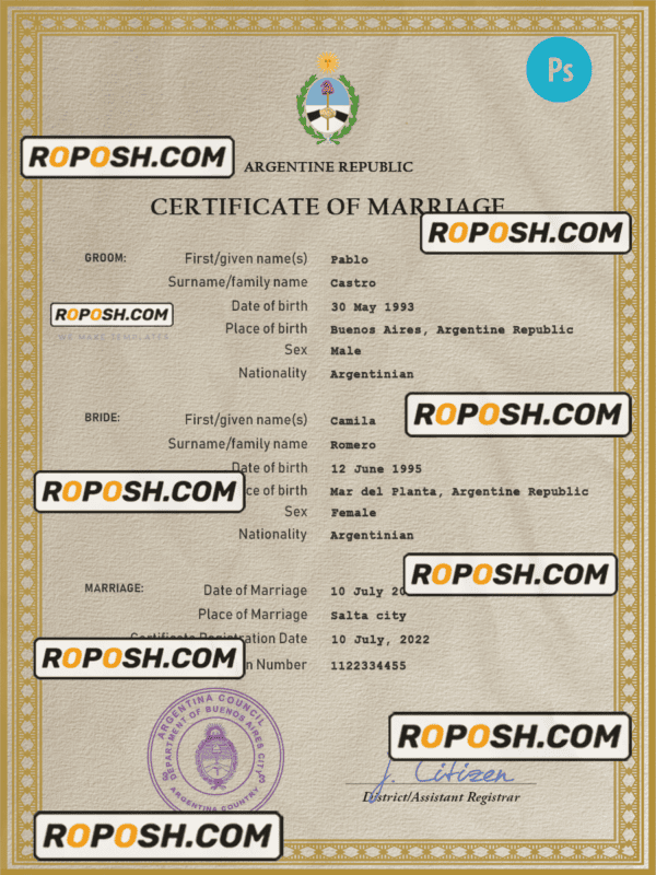 Argentina marriage certificate PSD template, fully editable