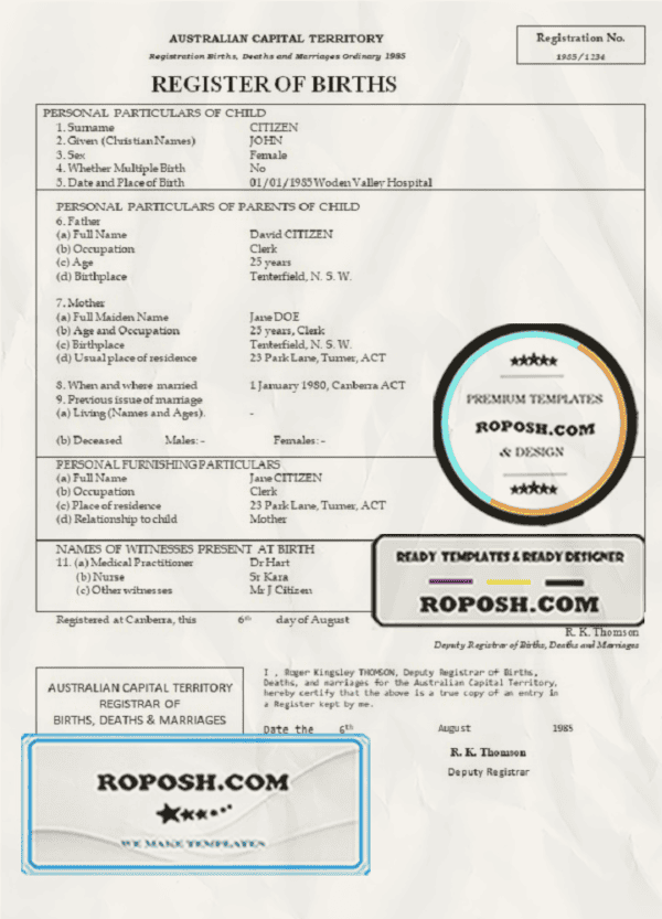 Australia Australian Capital Territory birth certificate template in Word format, version 2