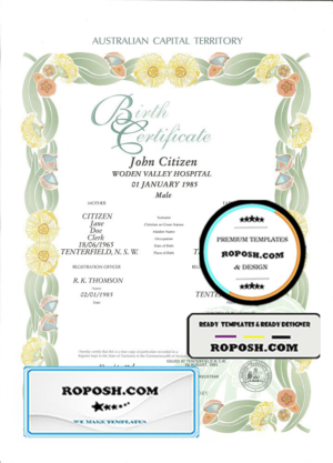 Australia Australian Capital Territory decorative (commemorative) birth certificate template in PSD format
