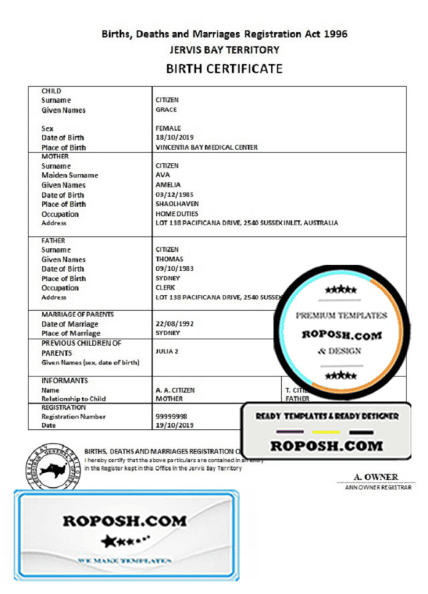 Australia Jervis Bay territory birth certificate template in Word and PDF format