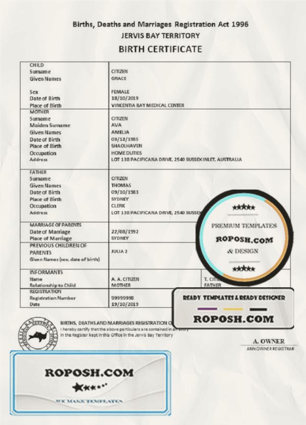 Australia Jervis Bay territory birth certificate template in Word and PDF format