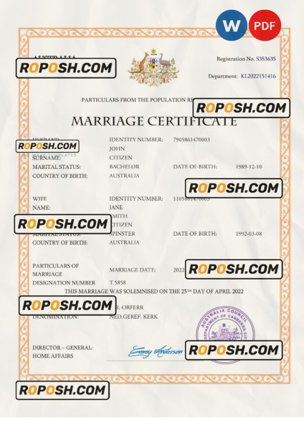 Australia marriage certificate Word and PDF template, completely editable scan effect