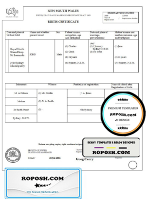 Australia New South Wales birth certificate template in Word format, version 1