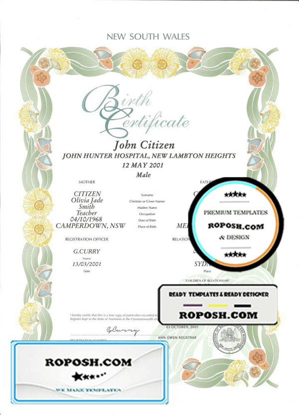 Australia New South Wales decorative (commemorative) birth certificate template in PSD format, fully editable