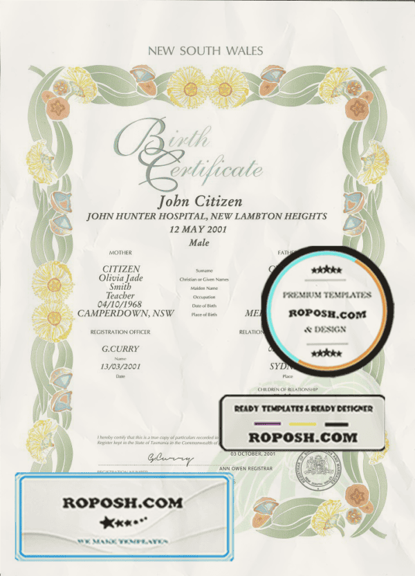 Australia New South Wales decorative (commemorative) birth certificate template in PSD format, fully editable