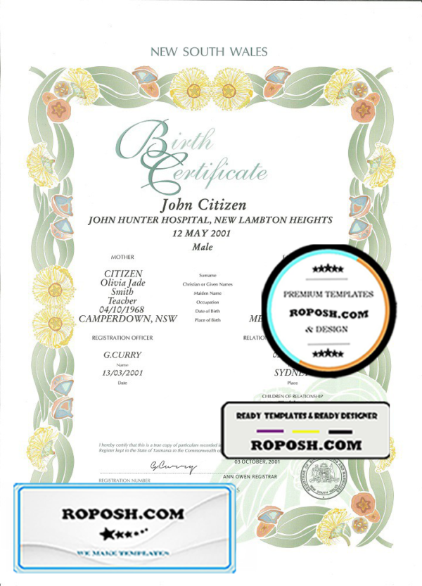 Australia New South Wales decorative (commemorative) birth certificate template in PSD format, fully editable