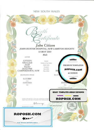 Australia New South Wales decorative (commemorative) birth certificate template in PSD format, fully editable