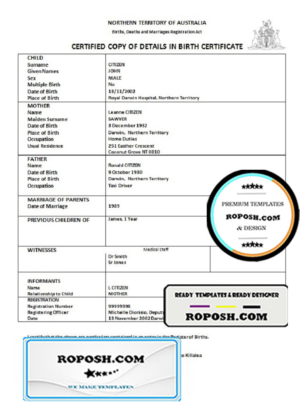 Australia Northern Territory of Australia birth certificate template in Word format