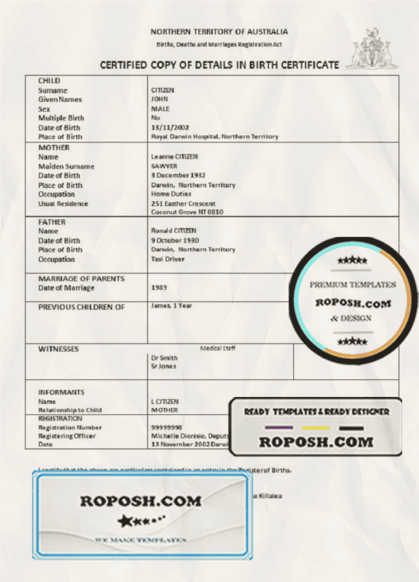 Australia Northern Territory of Australia birth certificate template in Word format