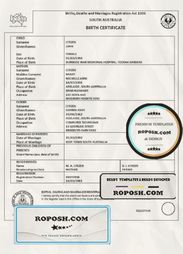 Australia New South Wales birth certificate template in Word format, version 2