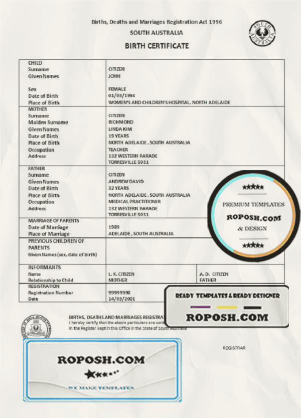 Australia South Australia birth certificate template in Word format, version 2