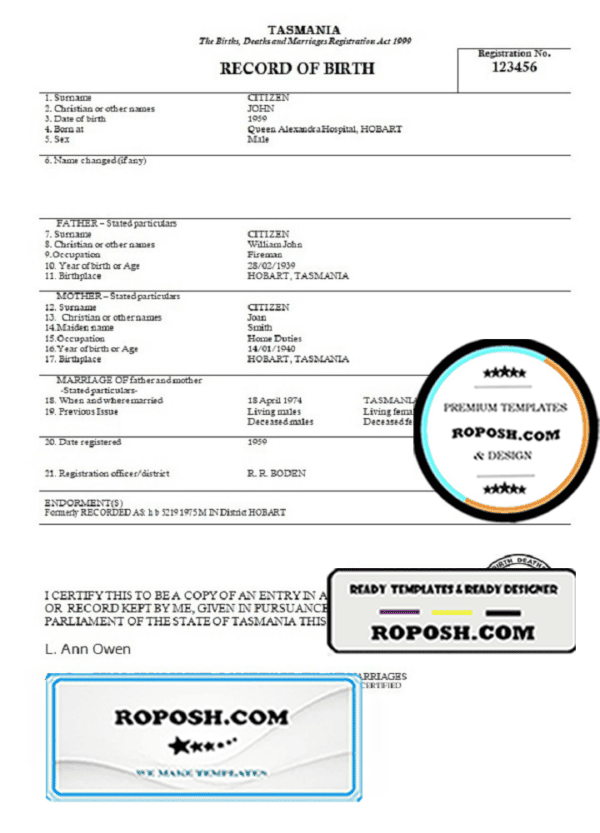 Australia Tasmania birth certificate template in Word format