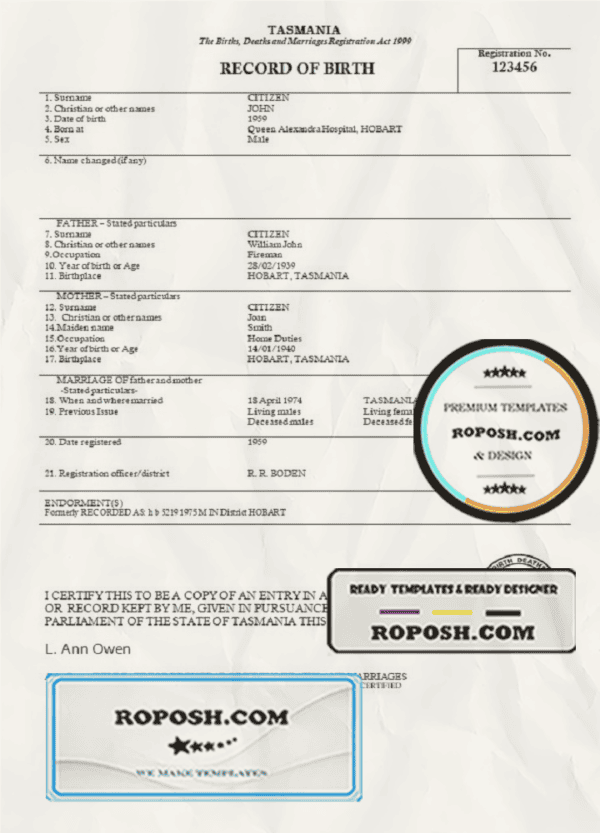 Australia Tasmania birth certificate template in Word format