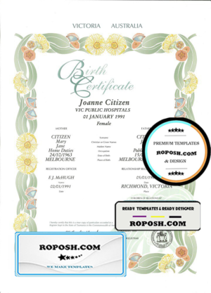 Australia Victoria state decorative (commemorative) birth certificate template in PSD format, fully editable