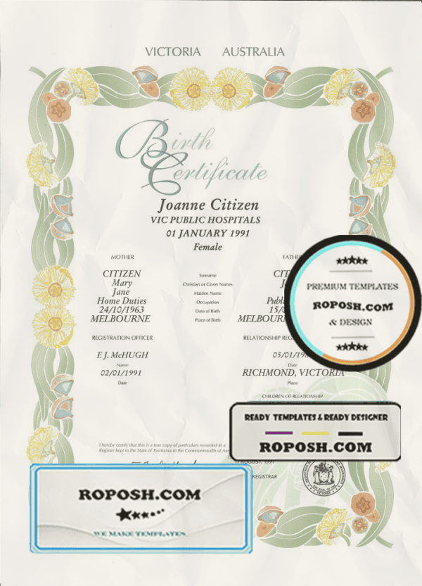 Australia Victoria state decorative (commemorative) birth certificate template in PSD format, fully editable