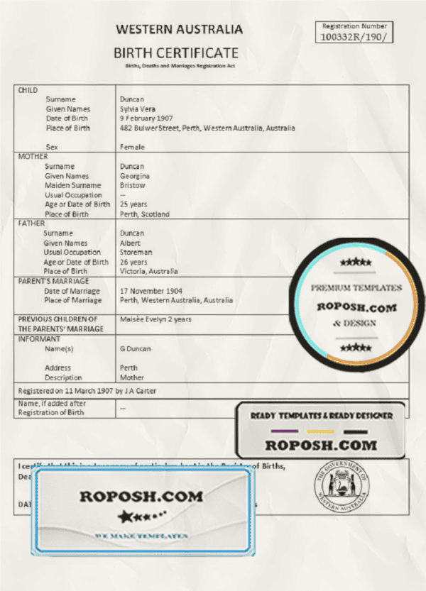 Australia Western Australia birth certificate template in Word format, version 1