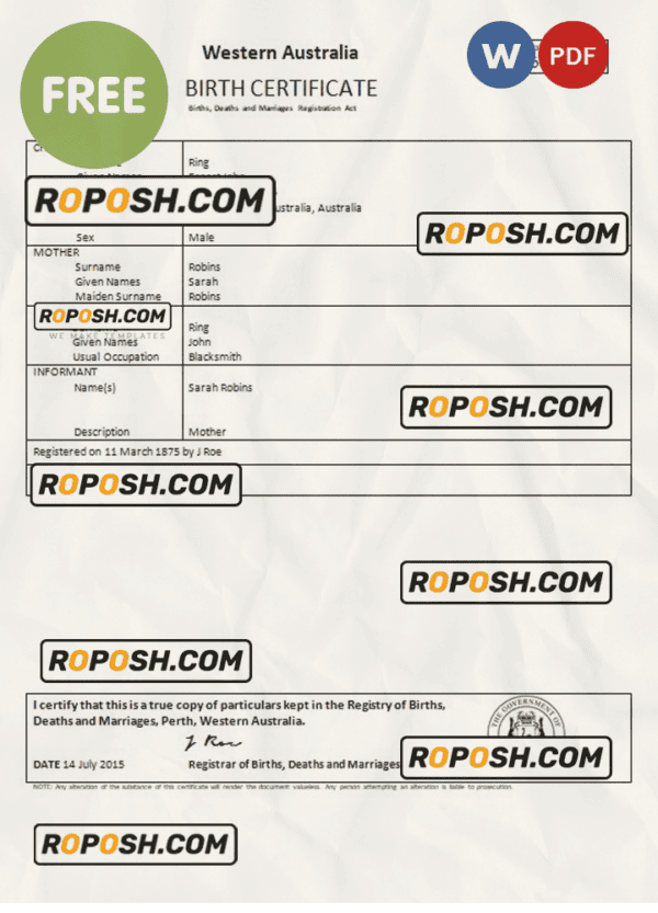 Australia Western Australia birth certificate template in Word format, version 2