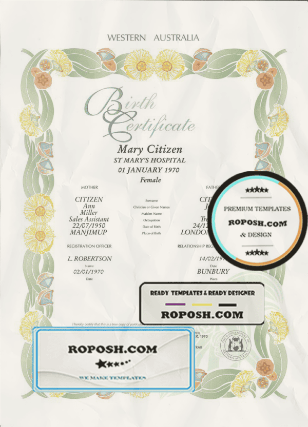 Australia Western Australia decorative (commemorative) birth certificate template in PSD format, fully editable