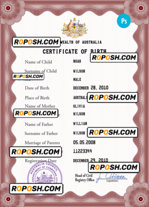 Australia vital record birth certificate PSD template