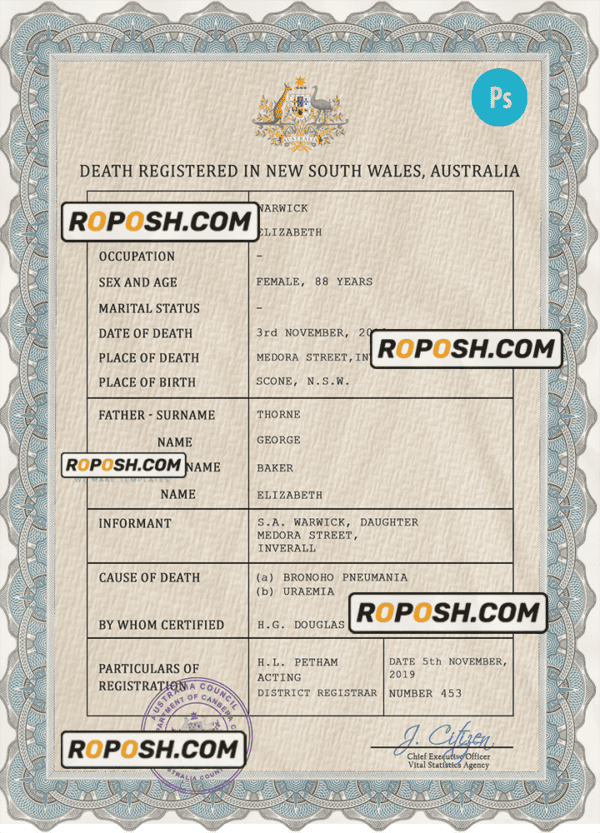 Australia vital record death certificate PSD template, fully editable