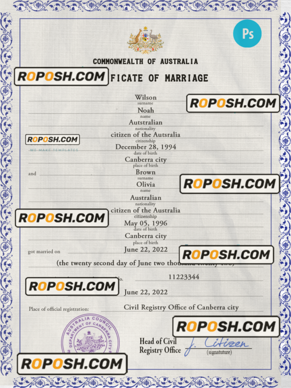 Australia marriage certificate PSD template, completely editable scan effect