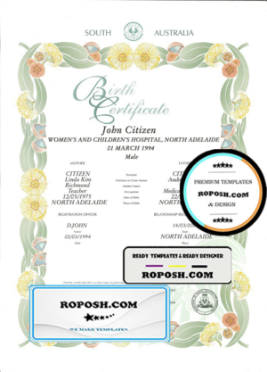 Australian South Australia decorative (commemorative) birth certificate template in PSD format, fully editable