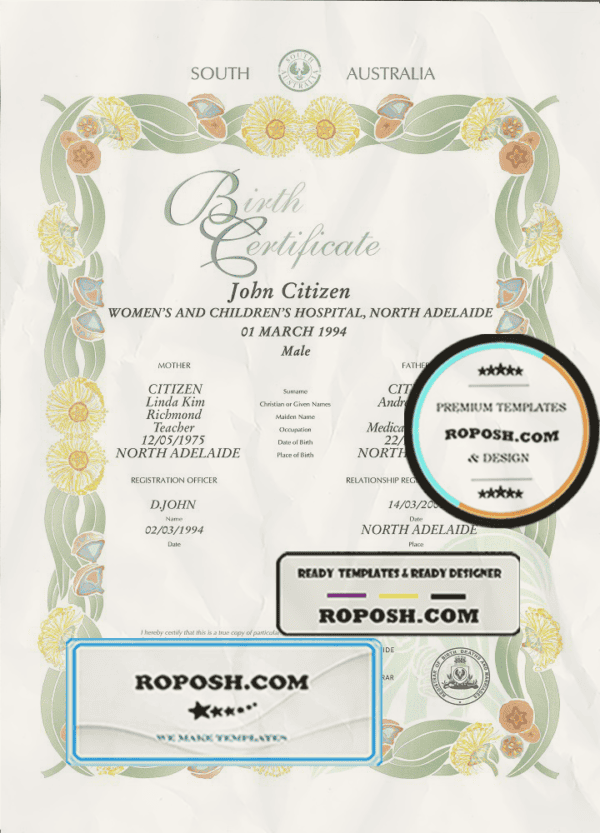 Australian South Australia decorative (commemorative) birth certificate template in PSD format, fully editable