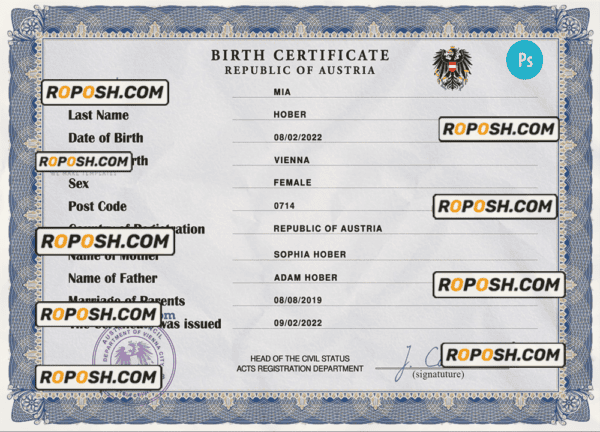 Austria vital record birth certificate PSD template, completely editable
