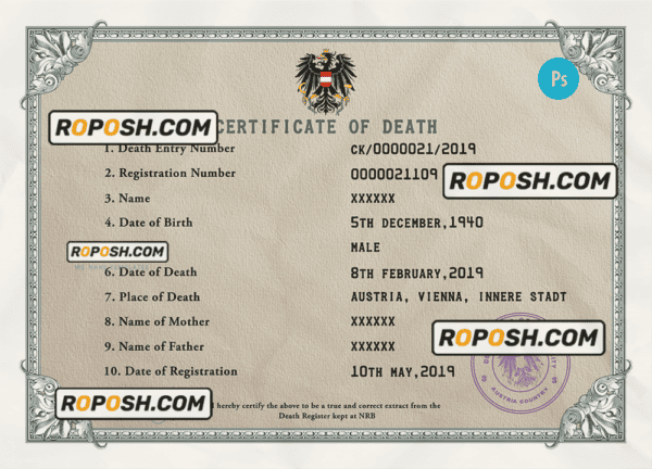 Austria death certificate PSD template, completely editable